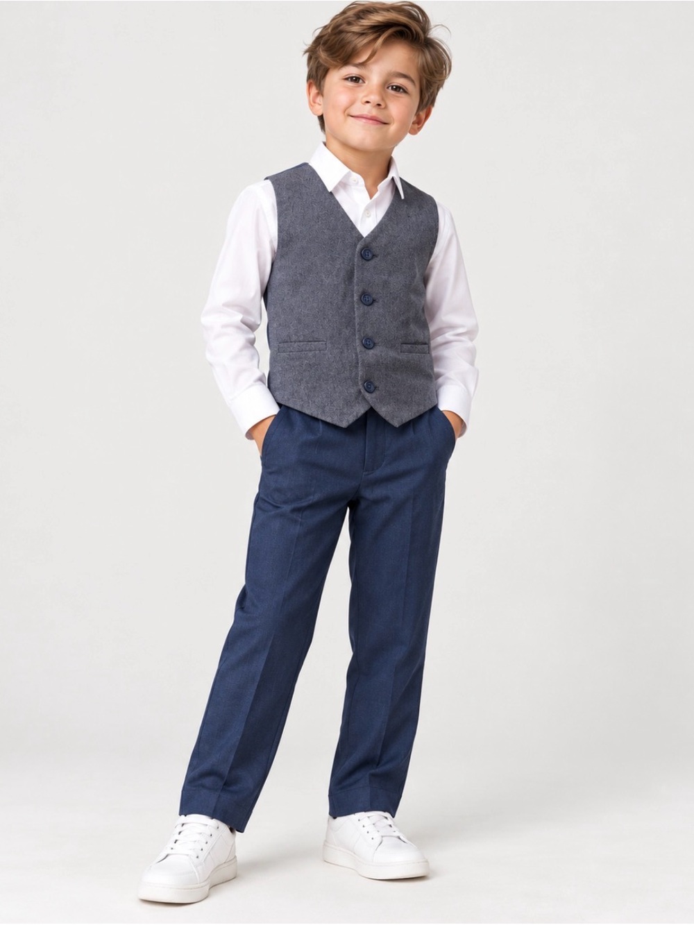 Janie and Jack Gray Textured Vest with Navy Pants and White Shirt